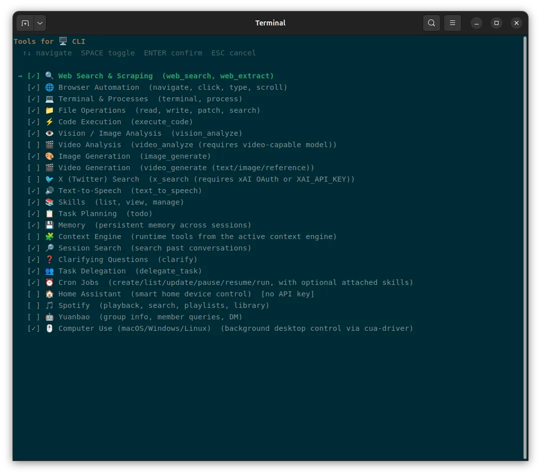 Hermes CLI screen showing the default tool selection
